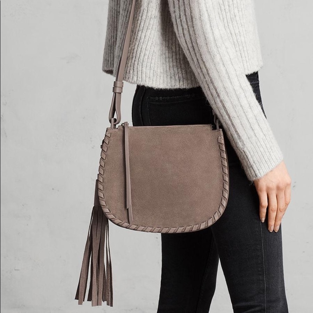 All Saints Taupe Suede Braided-Edge Crossbody with Fringe